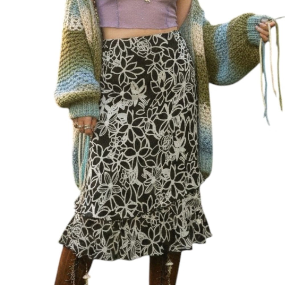 Vintage Tiered Skirt Black Floral Women 8 Flowy Midi Lightweight